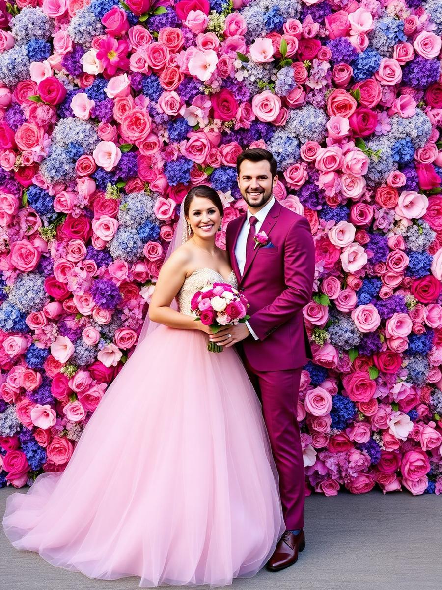 Bride and groom in front of a vibrant pink floral wall