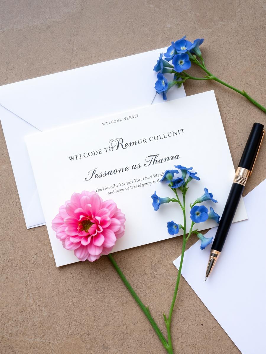 Welcome stationery flatlay with florals