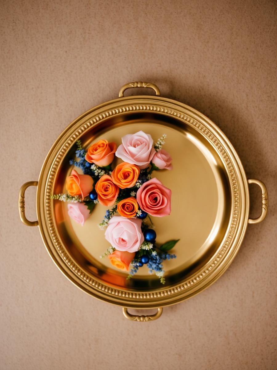 Gold tray with small floral arrangements