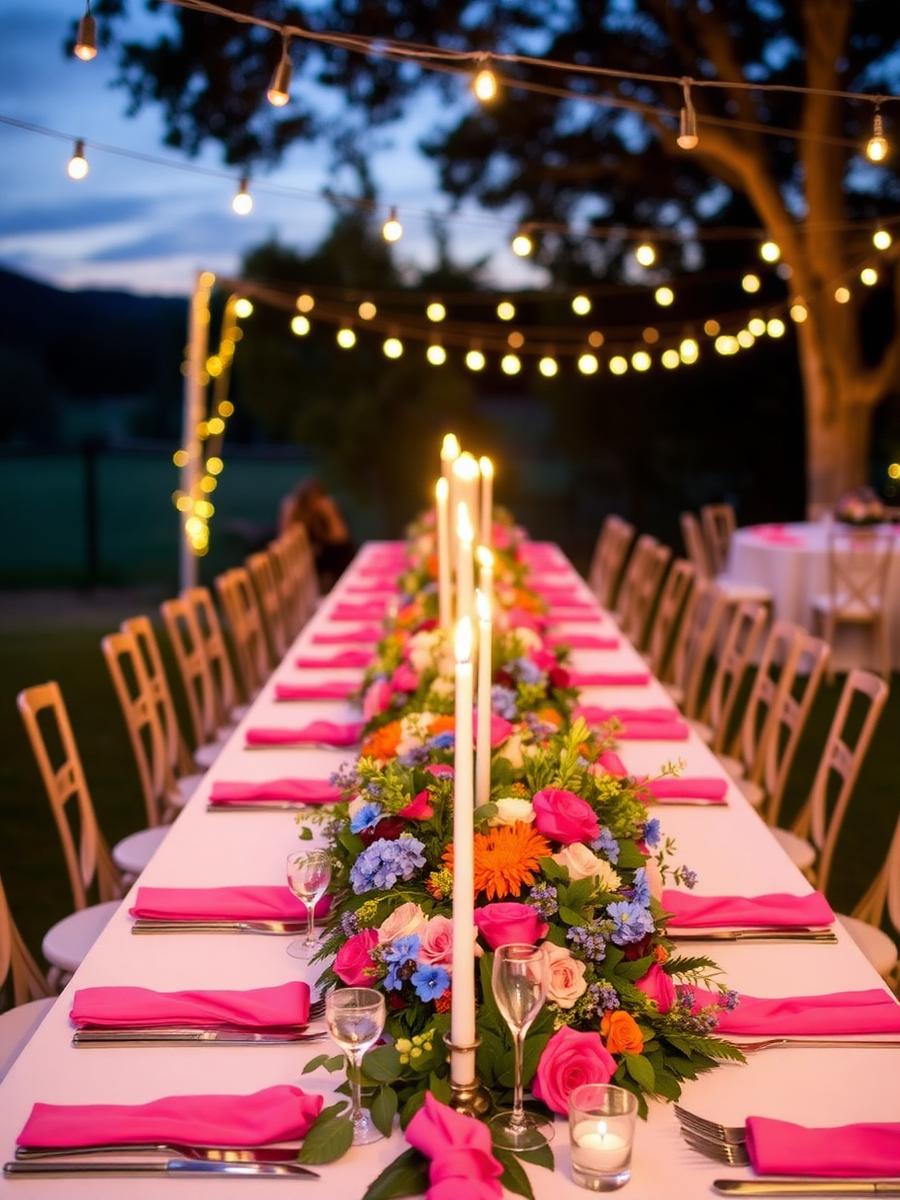 Long reception table with pink napkins and candlelight