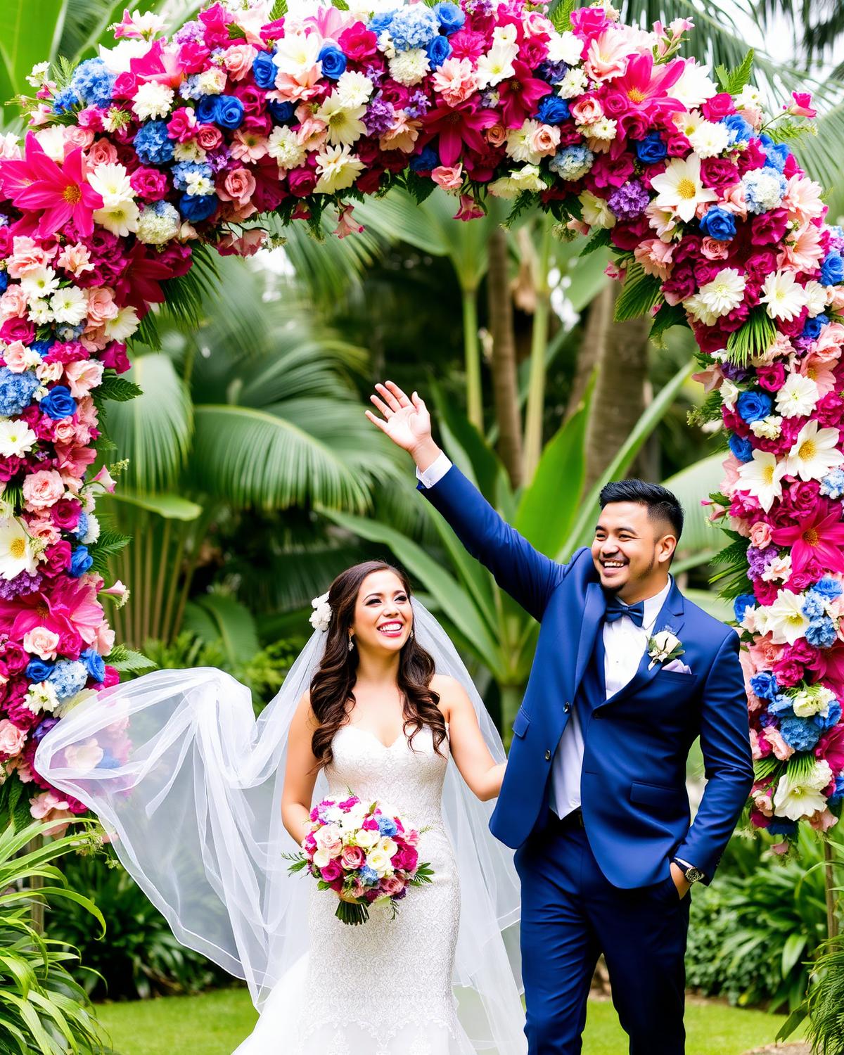 Bride and groom celebrating under a vibrant floral arch
