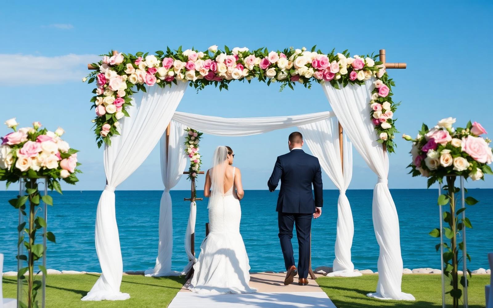 Romantic ocean-side ceremony with floral arch