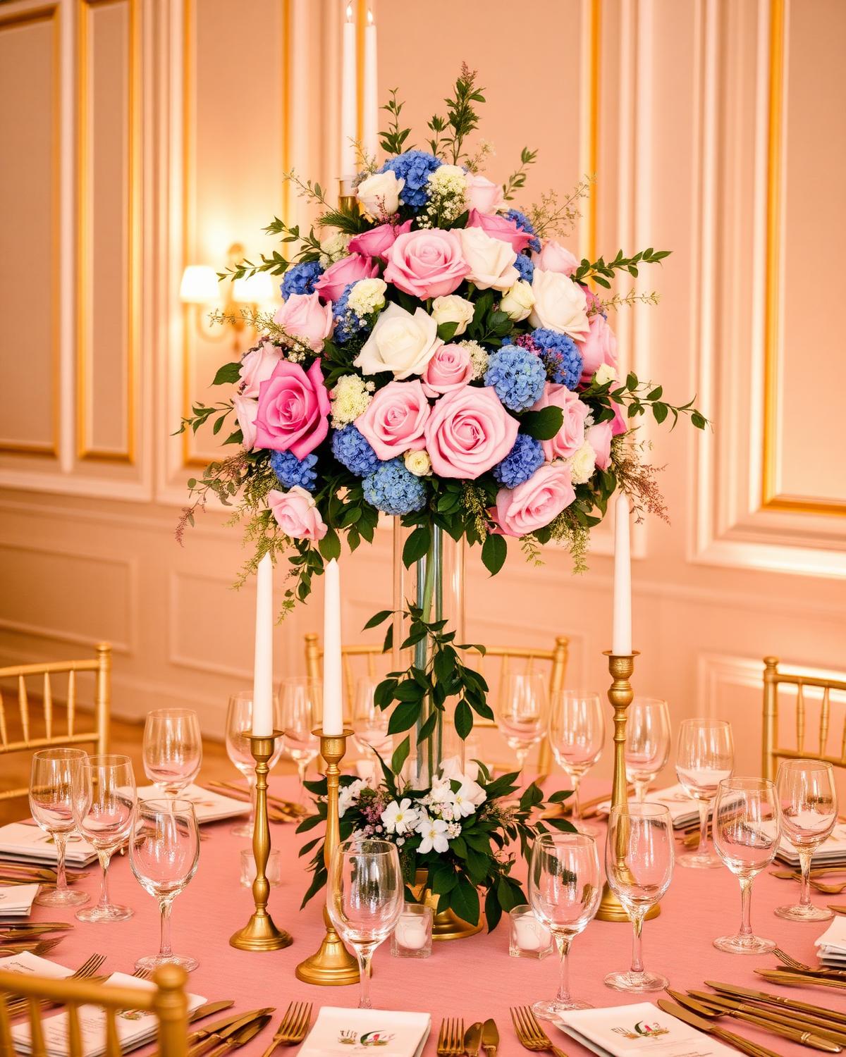 Tall pink and blue floral centerpiece on a luxury reception table