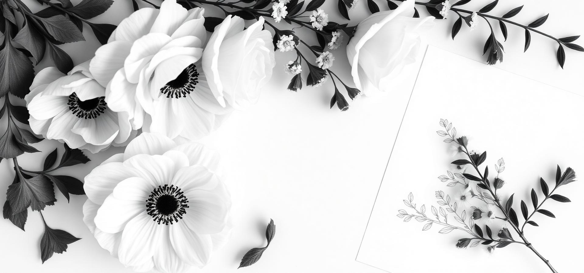Black and white flatlay of anemones with a hand-drawn floral monogram