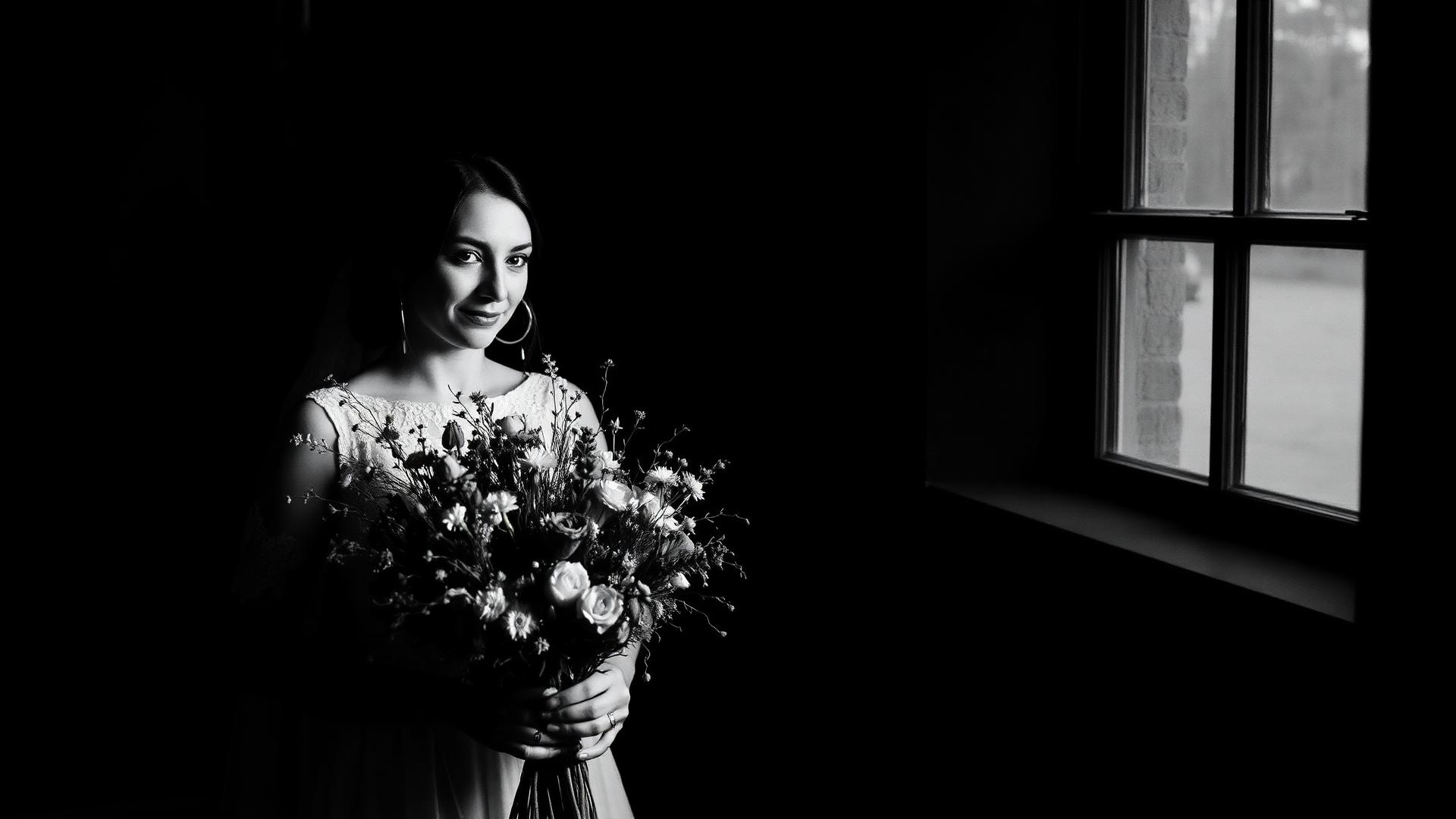 Bride in soft light holding wildflower bouquet
